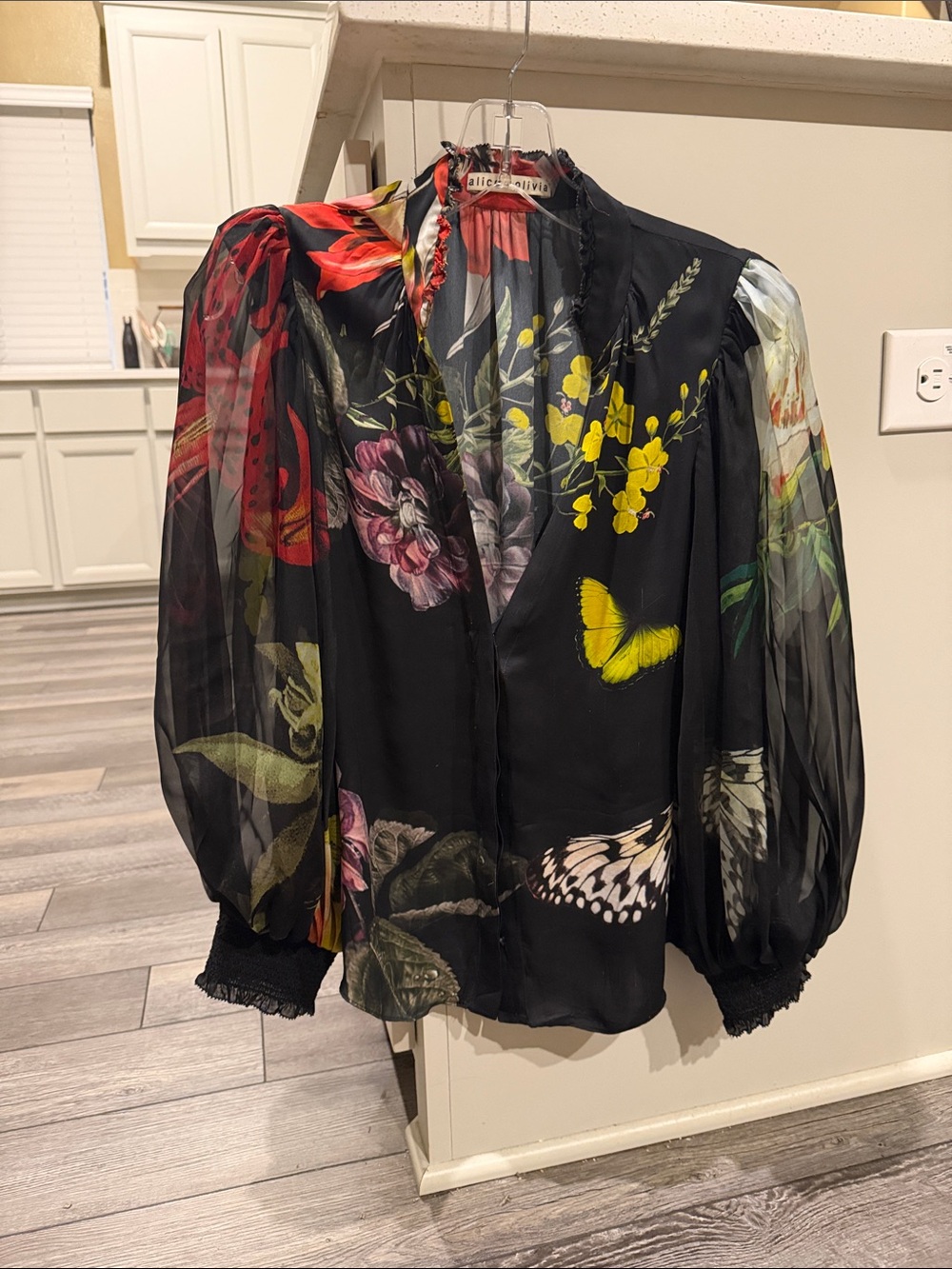 Alice + Olivia Black Sheer Floral & Butterfly Puff-Sleeve Blouse-Medium